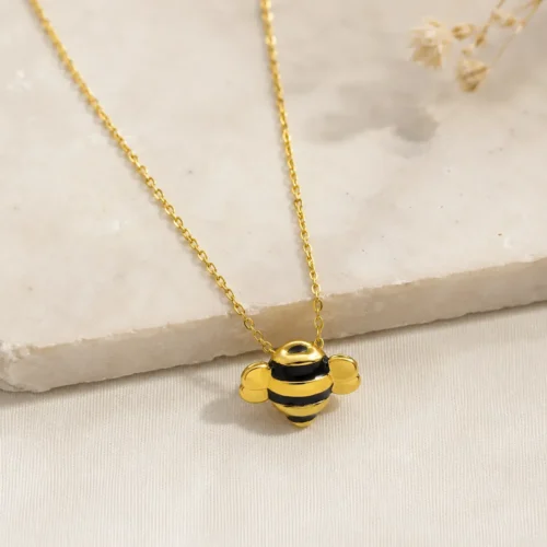 Collar Acero Dorado Abeja Inflada Esmalte Rayas Negras (2)