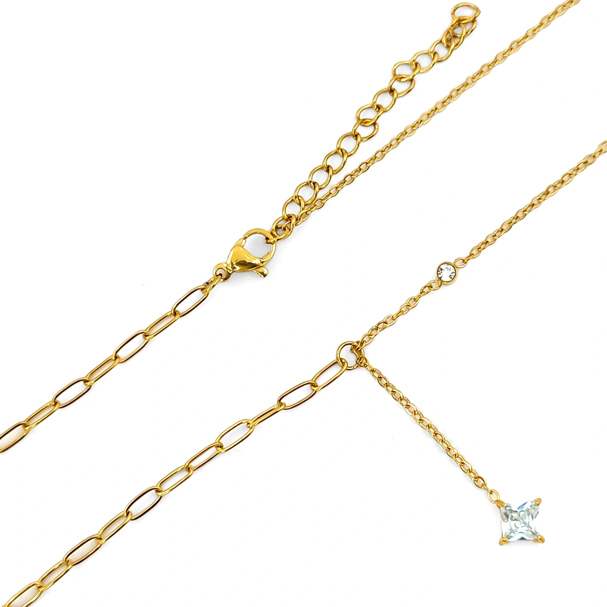 Collar Acero Dorado Eslabon Oval Cristal Rombo Corbatin 2