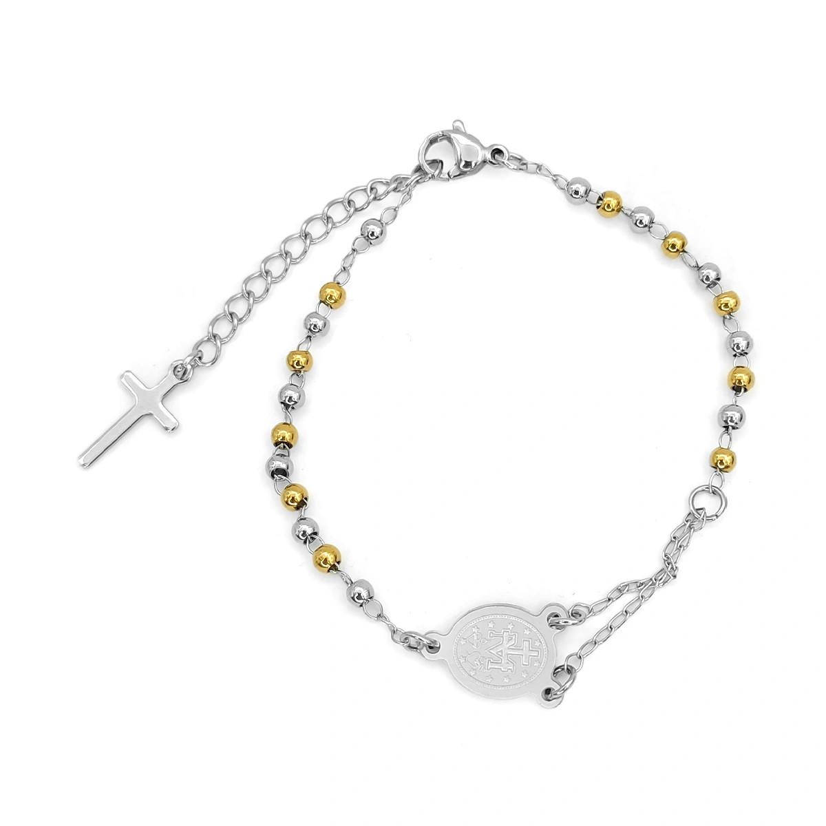 Pulsera Virgen de Guadalupe de acero inoxidable bicolor tipo misterio con cruz y cuentas de 3 mm