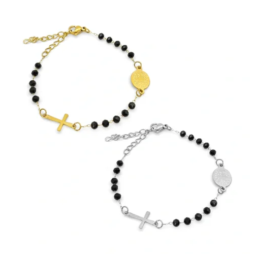 Pulsera San Benito de acero inoxidable con cristales negros, cruz y medalla religiosa en dorado y plateado
