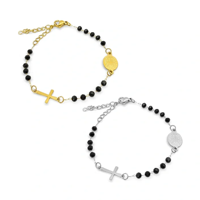 Pulsera San Benito de acero inoxidable con cristales negros, cruz y medalla religiosa en dorado y plateado
