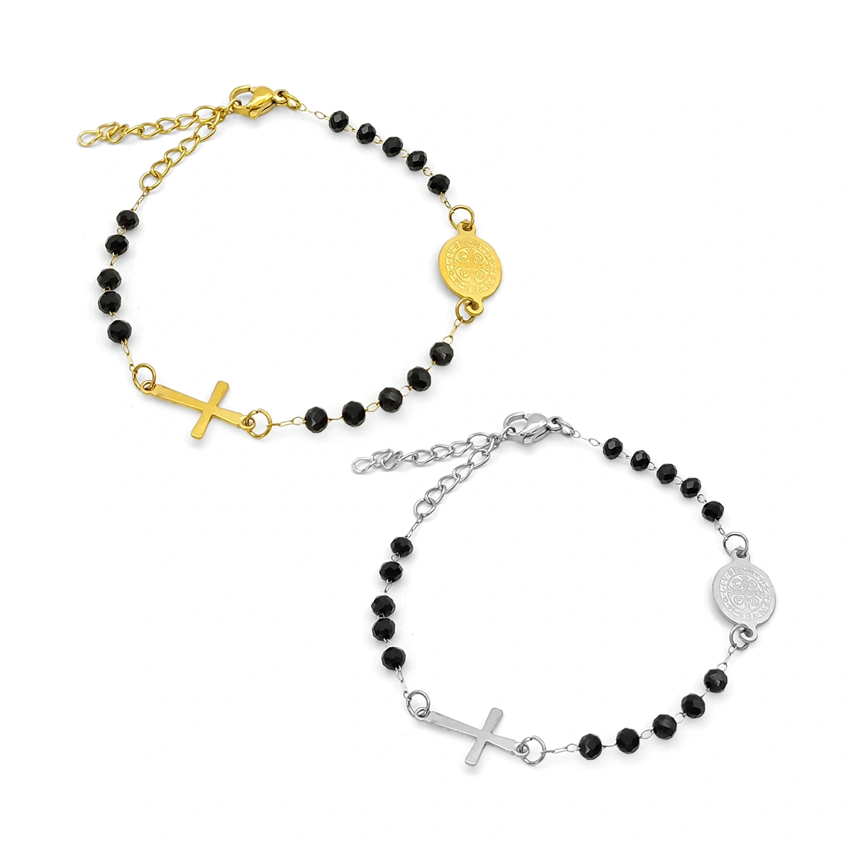 Pulsera San Benito de acero inoxidable con cristales negros, cruz y medalla religiosa en dorado y plateado
