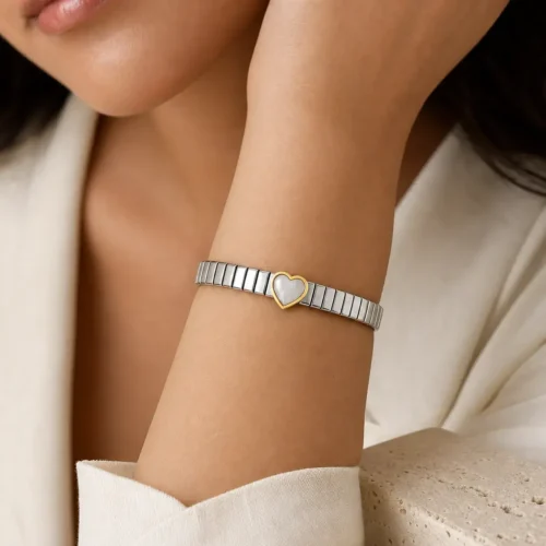 Pulsera Acero Plateado Tipo Italiano Elastica Corazón (1)
