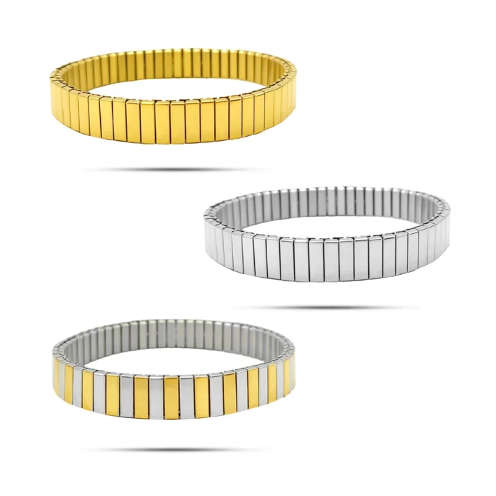 Pulsera italiana elástica de acero con barras rectangulares en tonos dorado, plateado y combinado para mujer