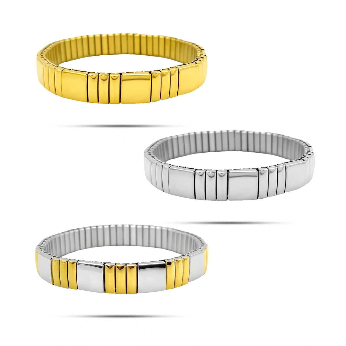 Pulsera italiana elástica de acero con barras redondeadas en tonos dorado, plateado y combinado para mujer