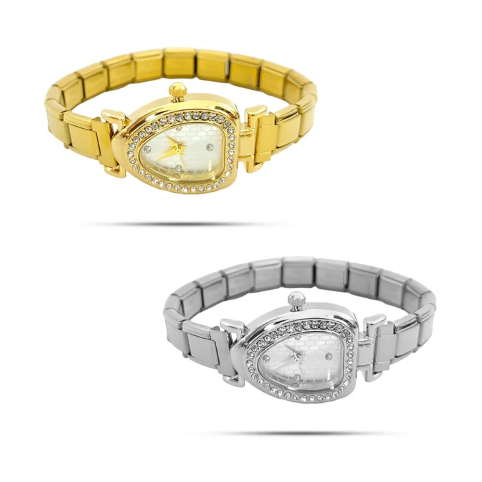 Pulsera reloj de acero inoxidable tipo italiana con cristales en color dorado y plateado para mujer