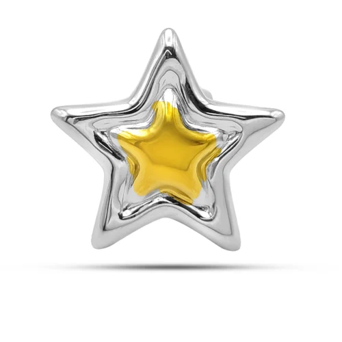Anillo estrella chunky bicolor de acero inoxidable para mujer, diseño plateado con estrella dorada central y frente de 28 x 28 mm.