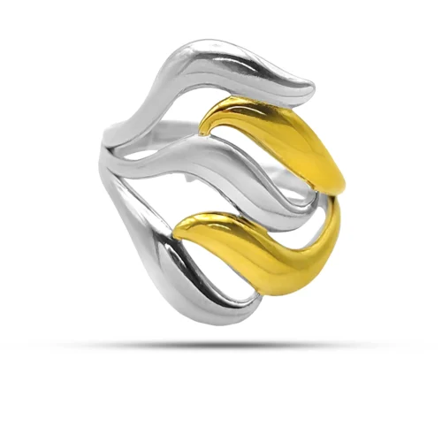 Anillo Acero Inoxidable Bicolor Mujer Ondulado Entrelazado