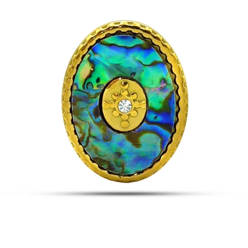 Anillo de acero inoxidable dorado con concha de abulón natural multicolor, diseño ovalado ajustable de 26 x 20 mm para mujer.