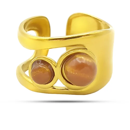 Anillo dorado ajustable de acero inoxidable para mujer con diseño irregular y detalle café de 12 mm de alto.