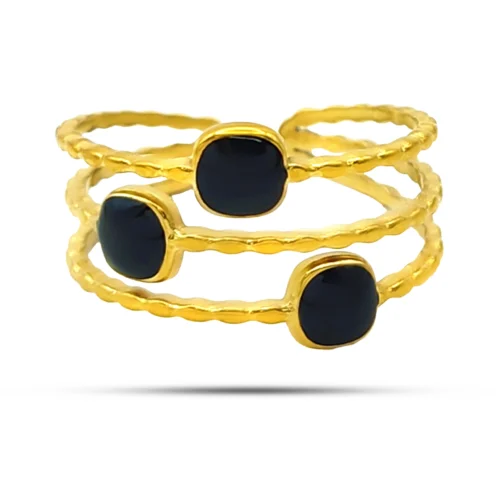 Anillo Acero Inoxidable Dorado Mujer Negro Diseño Punteado