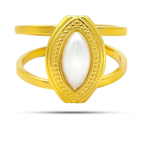 Anillo dorado con perla marquesa de acero inoxidable para mujer, diseño ajustable con marco texturizado de 15 x 10 mm.