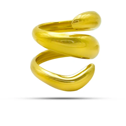 Anillo espiral chunky ajustable de acero inoxidable dorado para mujer con acabado liso y brillante.