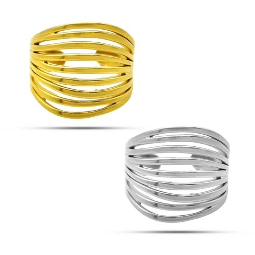 Anillo de líneas onduladas ajustable de acero inoxidable dorado para mujer, diseño ancho de múltiples bandas curvas de 20 mm de alto.
