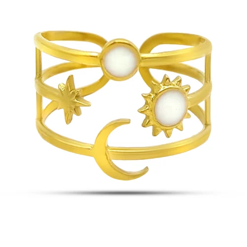 Anillo de sol luna y estrella ajustable de acero inoxidable dorado para mujer, con detalles circulares blancos y diseño celestial de 15 x 11 mm.