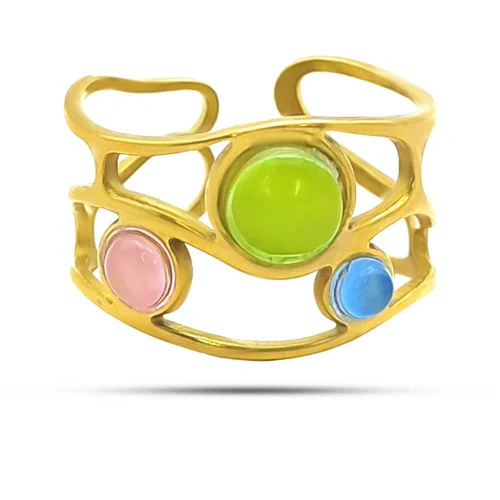 Anillo ojo de gato multicolor ajustable de acero inoxidable dorado para mujer, diseño calado de 13 mm con detalles verdes, rosas y azules.
