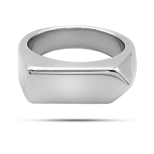 Anillo rectangular plateado de acero inoxidable para hombre con frente liso de 20 x 8 mm y detalle lineal geométrico.