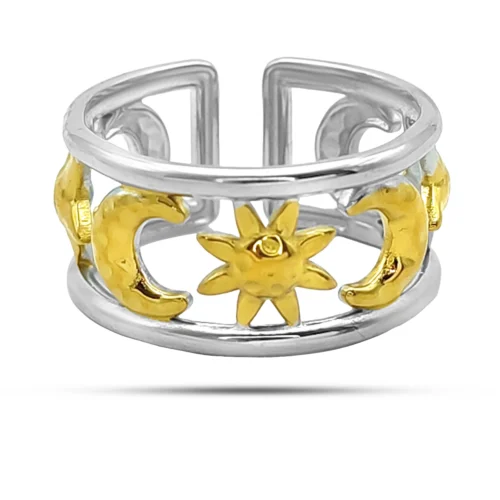 Anillo bicolor de acero inoxidable para mujer con diseño de sol, luna y estrella, estilo celestial de 10 mm de alto.