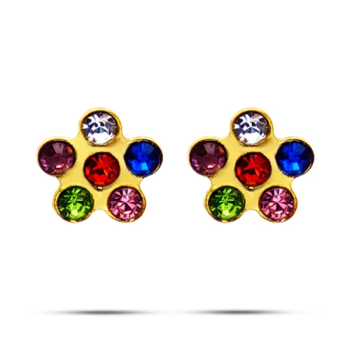 Aretes Acero Dorado Mujer Broquel Dormilon Flor Cristales