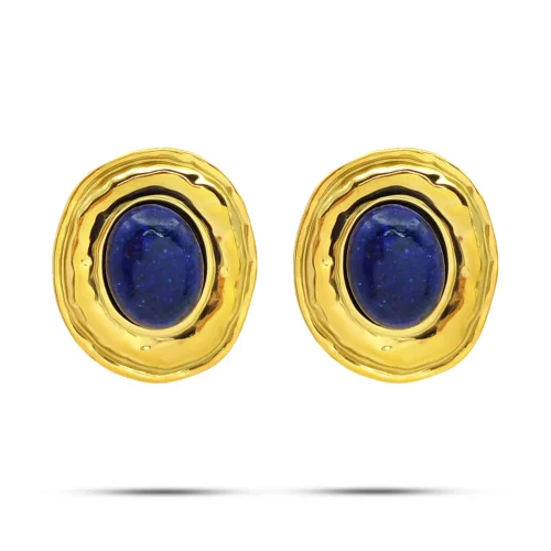 Aretes Acero Dorado Ovalado Piedra Azul Tipo Lapislazuli