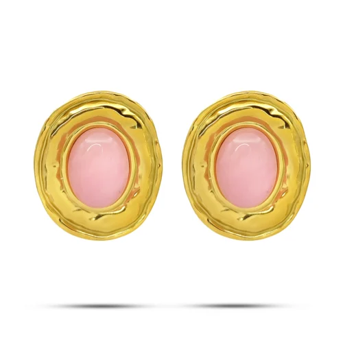Aretes Acero Dorado Piedra Natural Cuarzo Rosado