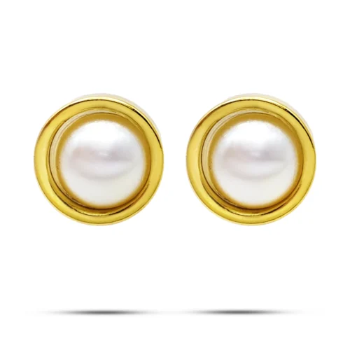 Aretes Acero Inox Dorado Mujer Broquel Perla Enmarcada
