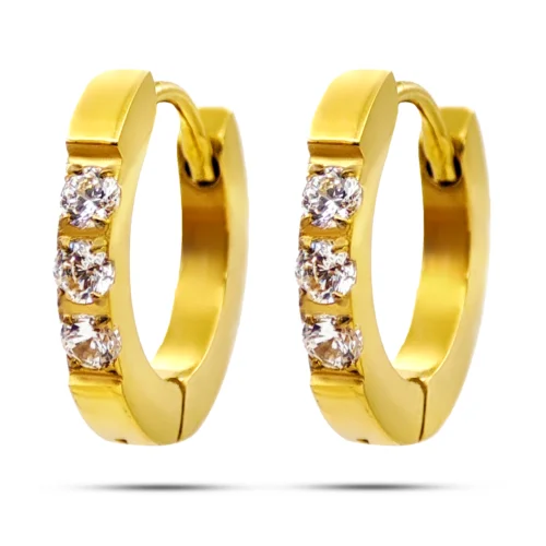 Aretes huggies delgados de acero inoxidable para mujer con tres cristales transparentes, medidas de 13 x 2 mm y variantes dorado y plateado