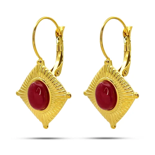 Aretes Acero Inoxidable Dorado Mujer Rombo Piedra Roja