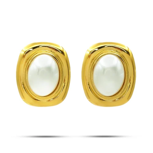 Aretes dorados con perla ovalada de acero inoxidable para mujer, marco rectangular de esquinas redondeadas y medidas de 2.5 x 2.1 cm
