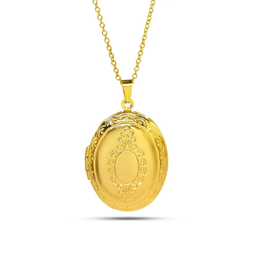 Collar oval guardapelo de acero inoxidable dorado con dije detallado de 3.3 x 2.4 cm y cadena ajustable de 46+7 cm
