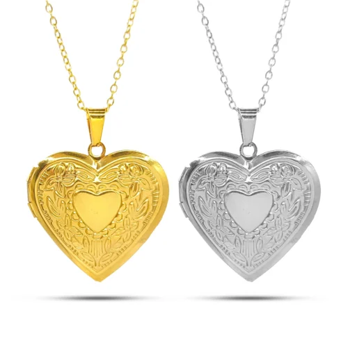 Collar corazón guardapelo de acero inoxidable con dije detallado de 3 x 2.8 cm, cadena ajustable y variantes dorado y plateado
