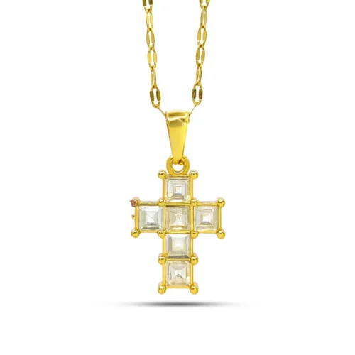 Collar cruz de acero inoxidable dorado con cristales cuadrados, dije de 2.2 x 1.6 cm y cadena ajustable de 38+5 cm