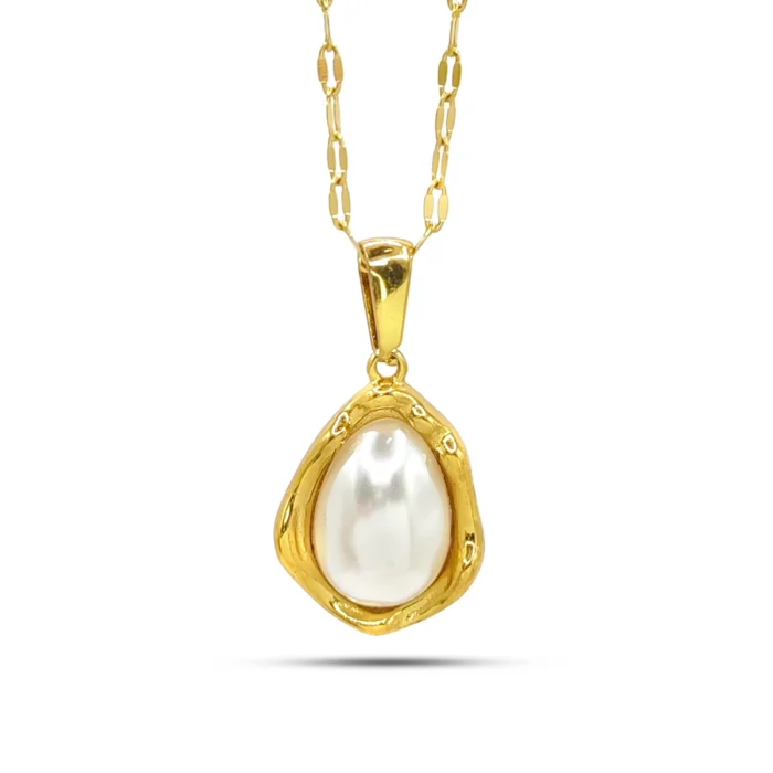 Collar Acero Inox Dorado Perla Marco Irregular Elegante