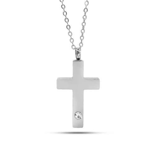 Collar urna cruz de acero inoxidable plateado con mini cristal, dije liso de 4.3 x 2.3 cm y cadena de 55 cm unisex