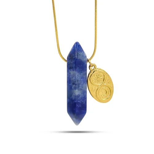 Collar péndulo de sodalita con acero inoxidable dorado, dije azul de 3.4 cm y cadena ajustable de 45+5 cm para mujer
