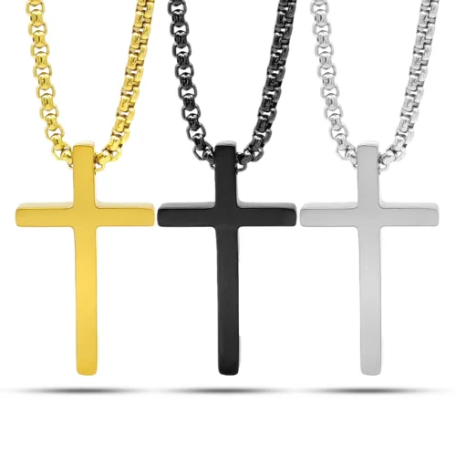 Collar cruz para hombre de acero inoxidable con dije liso minimalista de 3 x 1.7 cm, cadena de 60 cm y variantes dorado, negro y plateado
