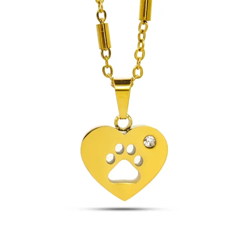 Collar huella mascota de acero inoxidable dorado con dije corazón calado de 1.4 x 1.4 cm y cadena ajustable de 44+5 cm