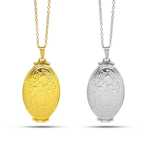 Relicario oval para boda de acero inoxidable, desplegable para 4 fotos, úsalo como collar o en ramo de novia. Dorado o plateado. ¡Cómpralo hoy!