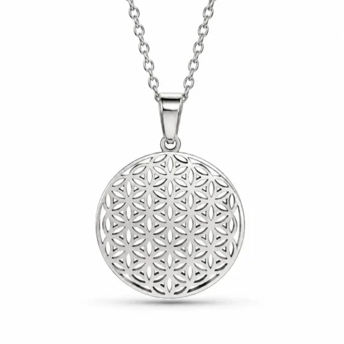 Collar Acero Plateado Flor de la Vida Geometría Sagrada