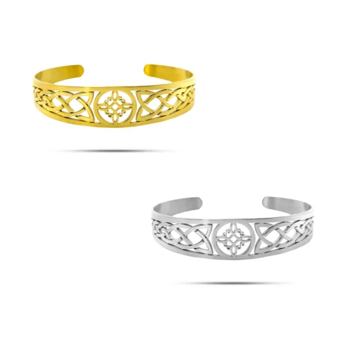 Brazalete Nudo de Bruja dorado de acero inoxidable para mujer, diseño calado con nudos celtas, ajustable y de 15 mm de ancho.
