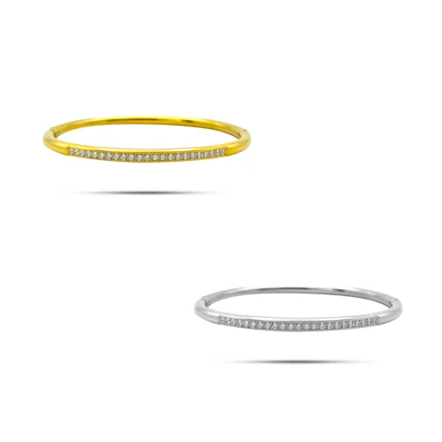 Pulsera brazalete de acero inoxidable dorado para mujer con fila de mini zirconias transparentes y diseño redondeado de 4 mm de ancho.