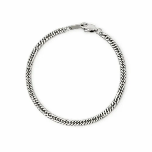 Pulsera cubana rectificada de acero inoxidable plateado para hombre con eslabones brillantes y cierre tipo mosquetón.