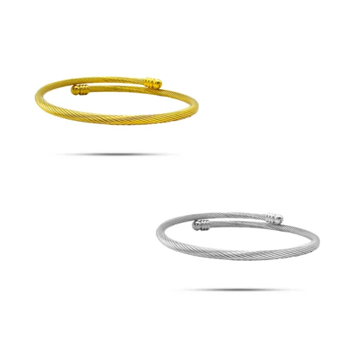 Pulsera delgada torcida ajustable de acero inoxidable dorado para mujer, diseño de cable trenzado de 3 mm de ancho.