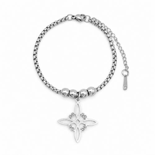 pulsera nudo de bruja, pulsera de acero inoxidable, pulsera plateada, pulsera para mujer, pulsera de protección, pulsera con balines, pulsera nudo de bruja de acero inoxidable, pulsera de protección espiritual para mujer, pulsera plateada con dije nudo de bruja, pulsera amuleto de protección, pulsera ajustable de acero inoxidable, joyería con simbolismo espiritual, pulsera con colgante nudo de bruja