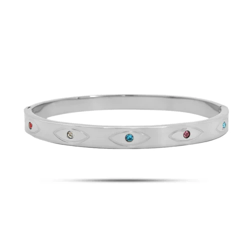 Pulsera plateada de acero inoxidable para mujer con ojos de pupilas multicolor, diseño rígido de 160 mm de circunferencia y 6 mm de ancho.