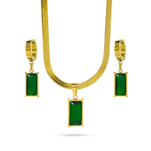 Set Joyeria Acero Inoxidable Dorado Mujer Verde Elegante